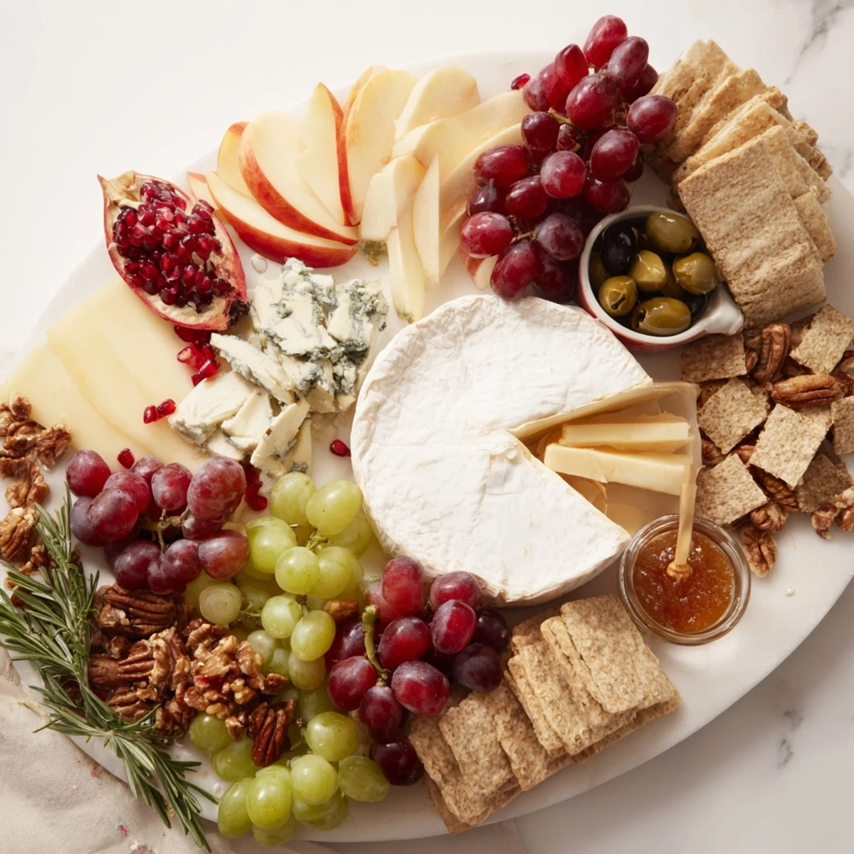 Vibrant Jingle Bell Cheese Board—festive cheese, charcuterie, fruits, and crackers perfect for your holiday party.