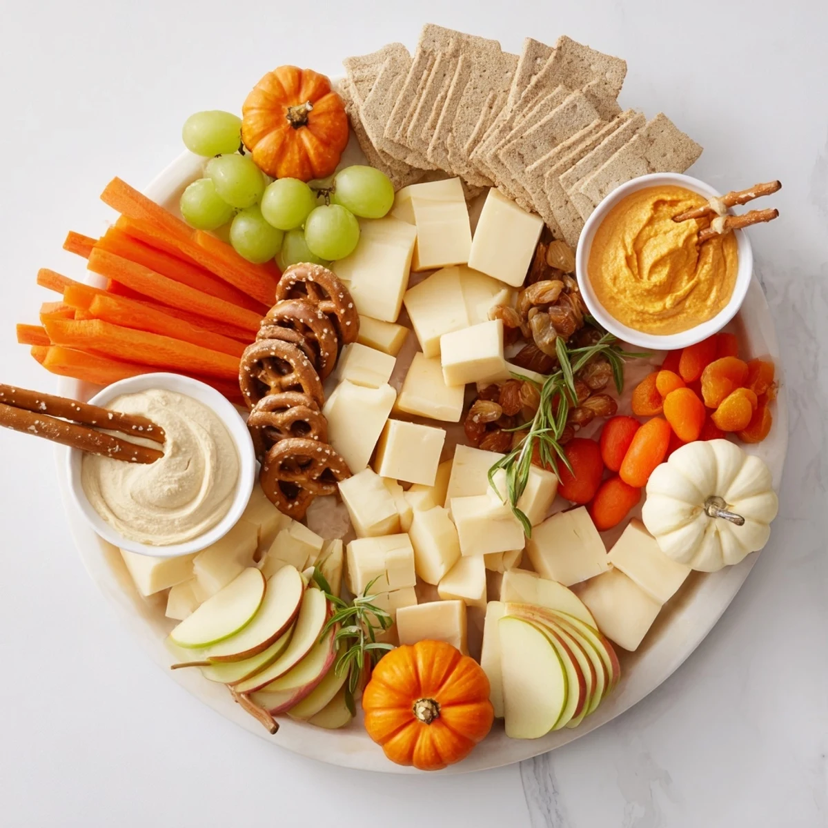 A vibrant Pumpkin Patch Snack Board with cheeses, fruits, and autumn-themed treats ready to serve.