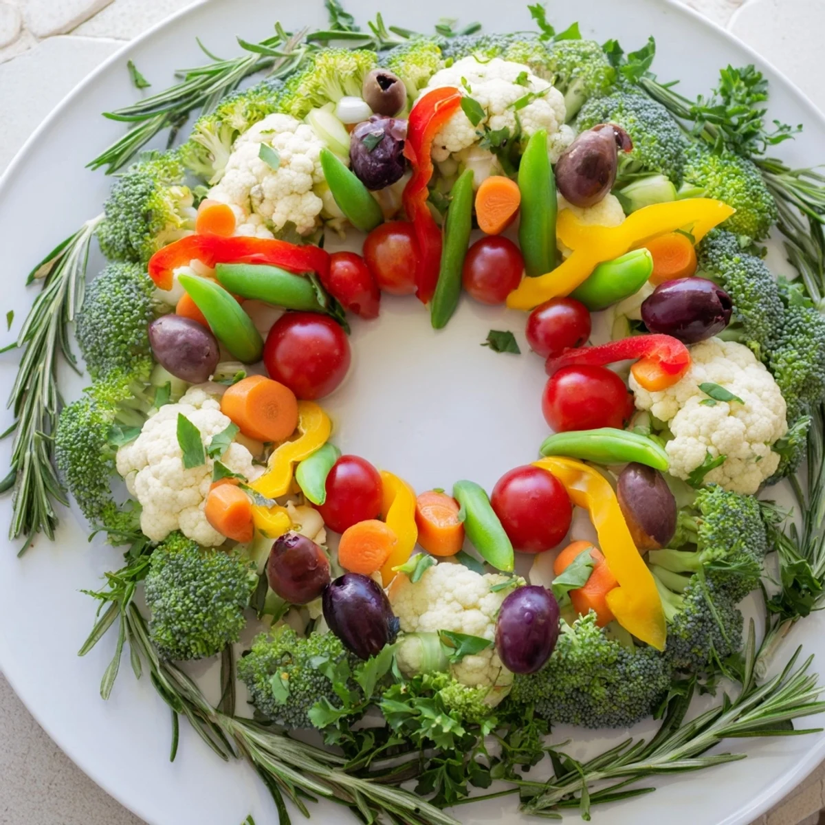 Vibrant Garland Veggie Wreath: a colorful display of fresh vegetables, ready to serve as a festive appetizer.