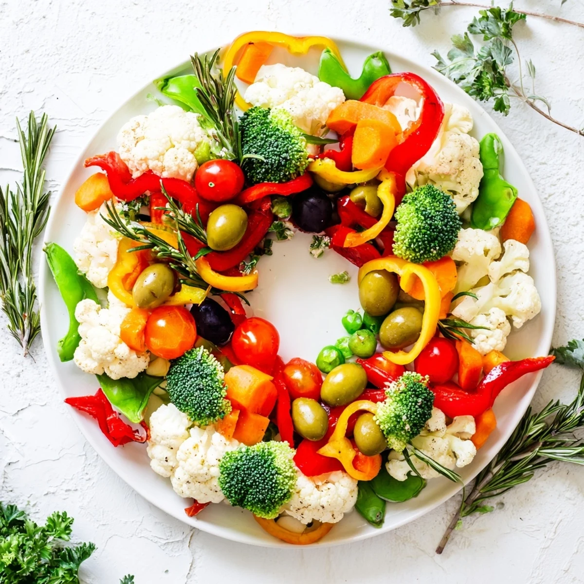 This beautifully arranged Garland Veggie Wreath features bright red tomatoes and fresh green herbs for a healthy holiday treat.