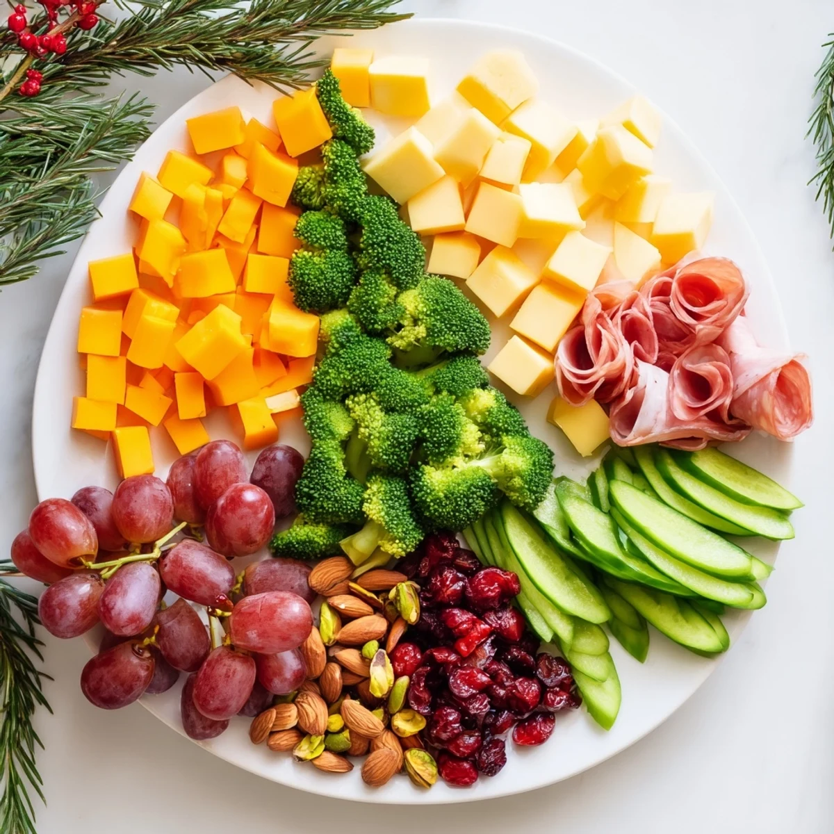 Festive Evergreen Tree Snack Board, bursting with colorful cheeses, charcuterie, and fresh fruit.