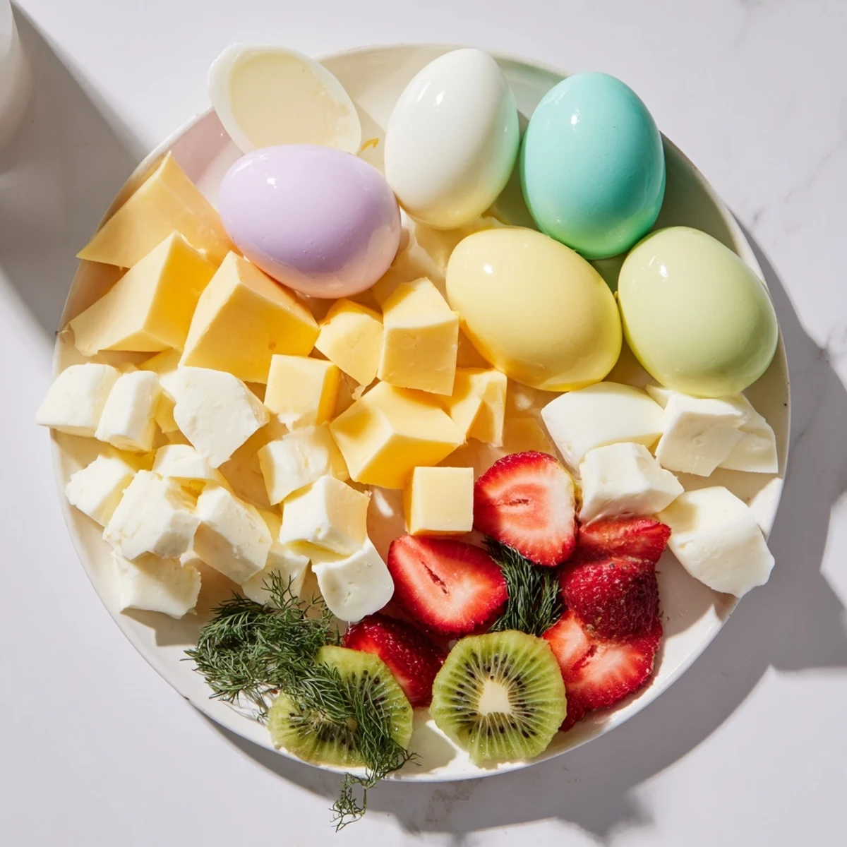 A colorful Easter Egg-cellent Brunch Board overflowing with fresh fruits, cheeses and delicious breads.