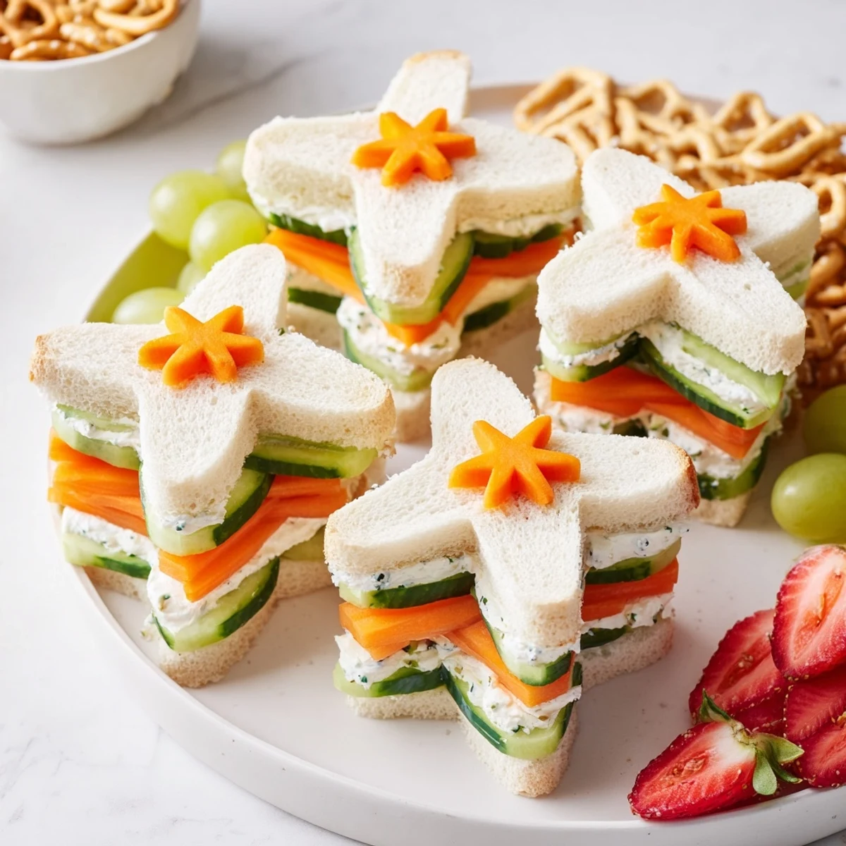 Goldfish crackers and pretzel "seaweed" accent a colorful Beach Day Starfish Snack platter.