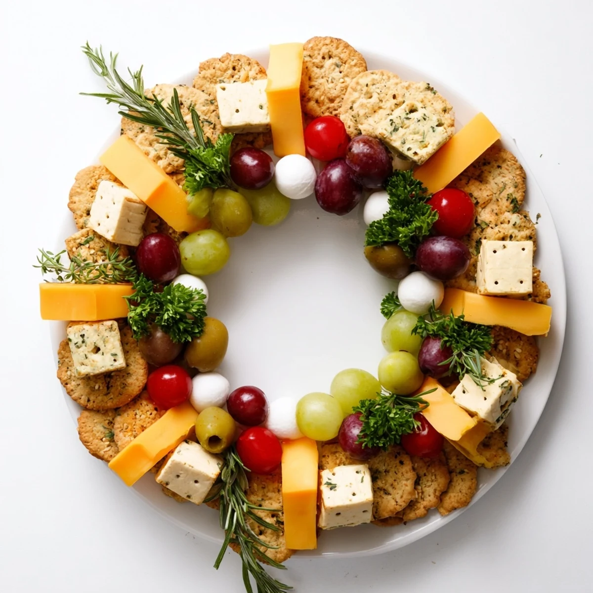 Jingle Bell Cheese & Cracker Wreath: A vibrant holiday appetizer wreath overflowing with cheese, grapes, and olives.