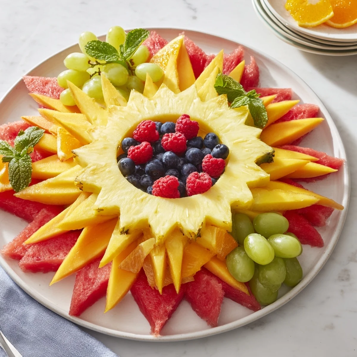 Bright, summer-ready Summer Rays Sun-Shaped Fruit Tray with juicy mango rays and berries for a treat.