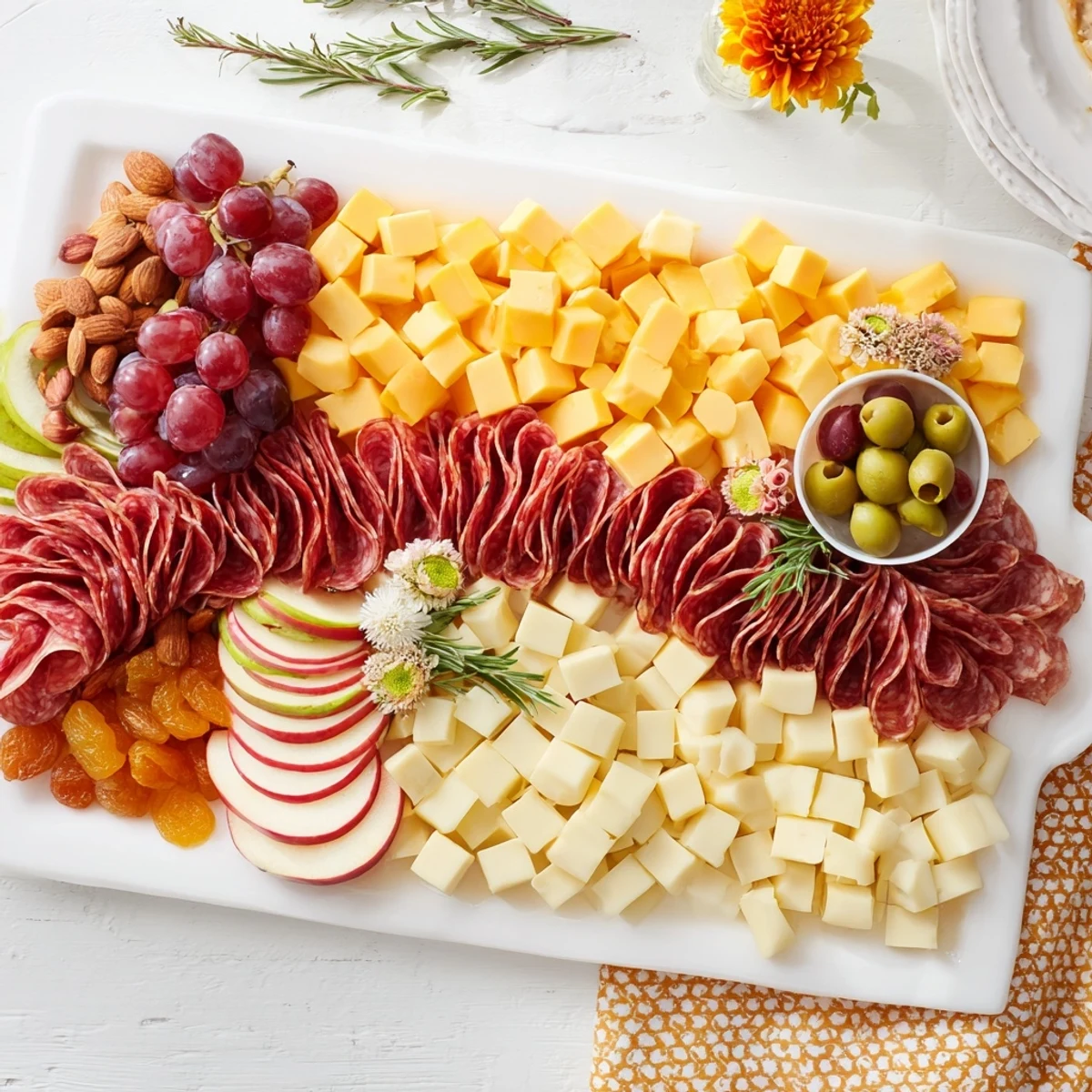 Festive Holiday Bow Appetizer Platter arranged with colorful cheeses and meats, ready to serve.