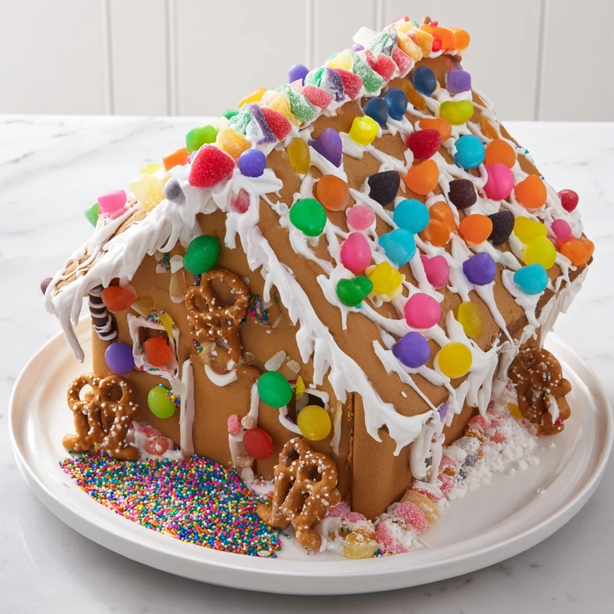 A beautifully decorated gingerbread house kit, with colorful candies ready to be added for a treat.