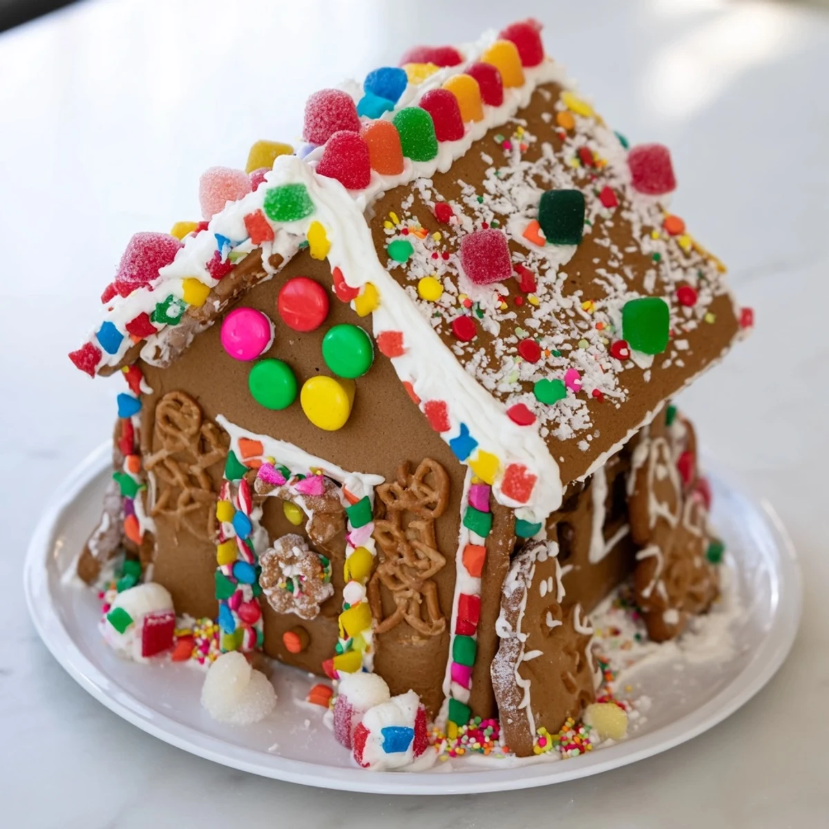 Vibrant candy-covered gingerbread house, a delicious project using included kit for festive decorating.