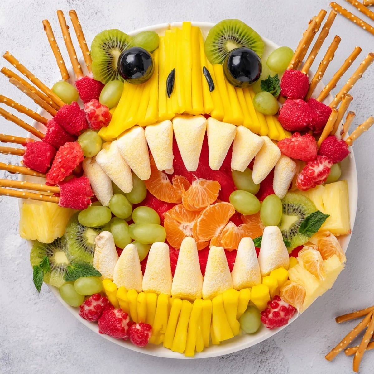 Watermelon Wave Shark Snack Board bursting with fresh fruits and pretzels, a perfect summer party treat.
