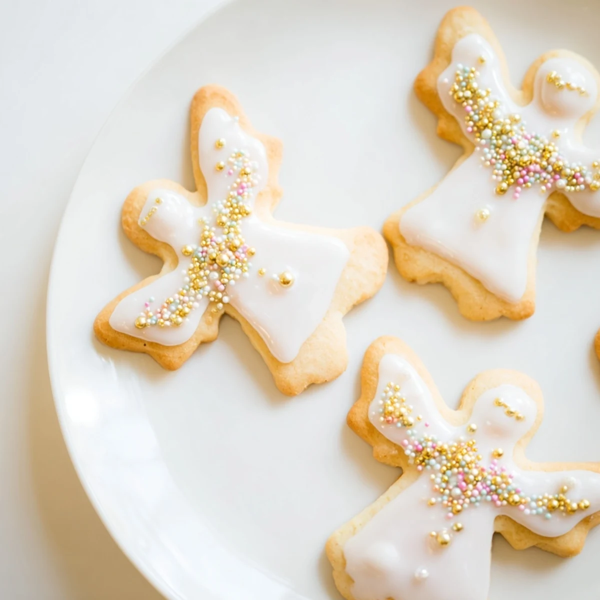 Golden-edged Biscuits Anges de Noël, angels dusted with sparkling sugar, perfect for gifting.