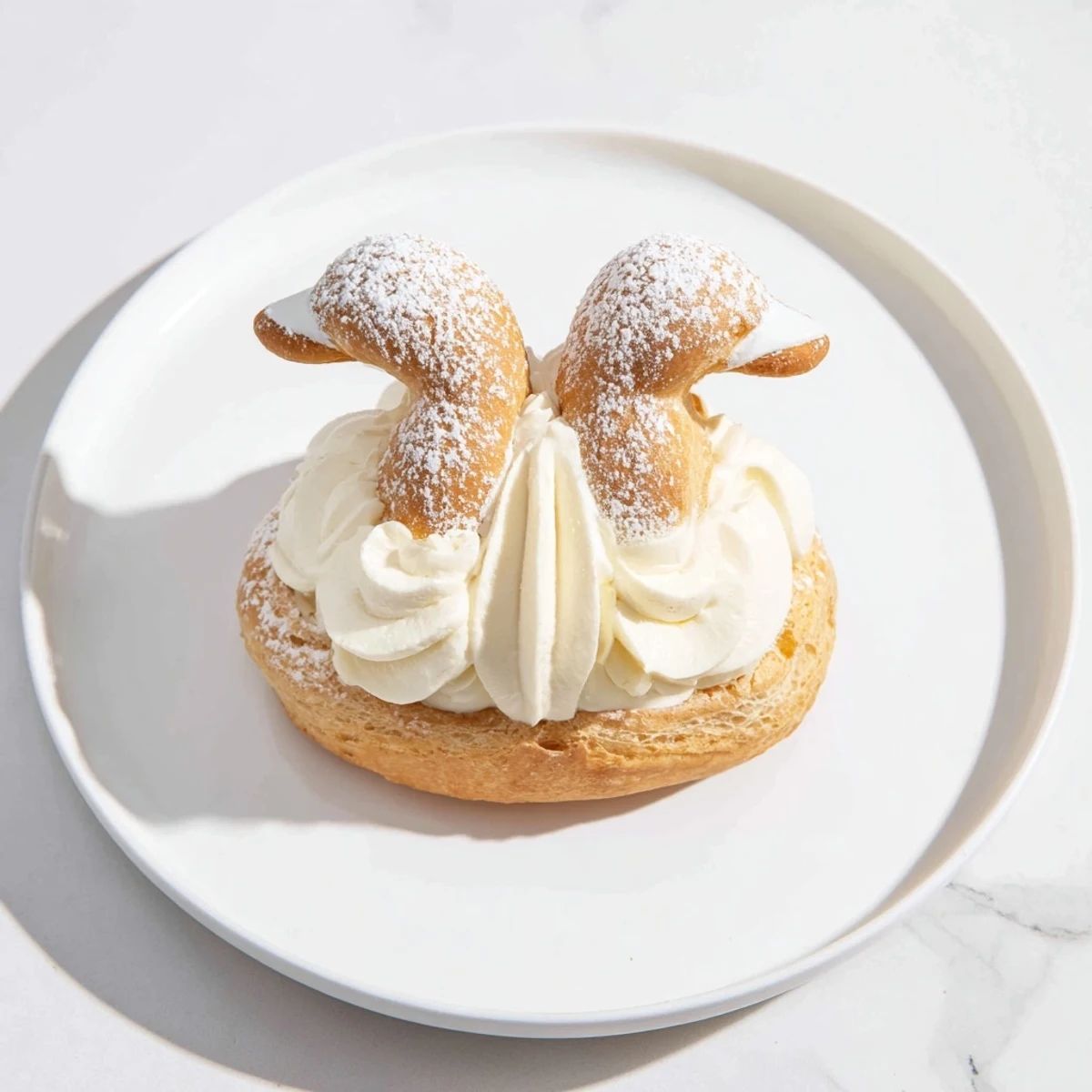 Golden baked Elegant Swan Mini Pastries, ready to delight; these desserts are filled with creamy vanilla.