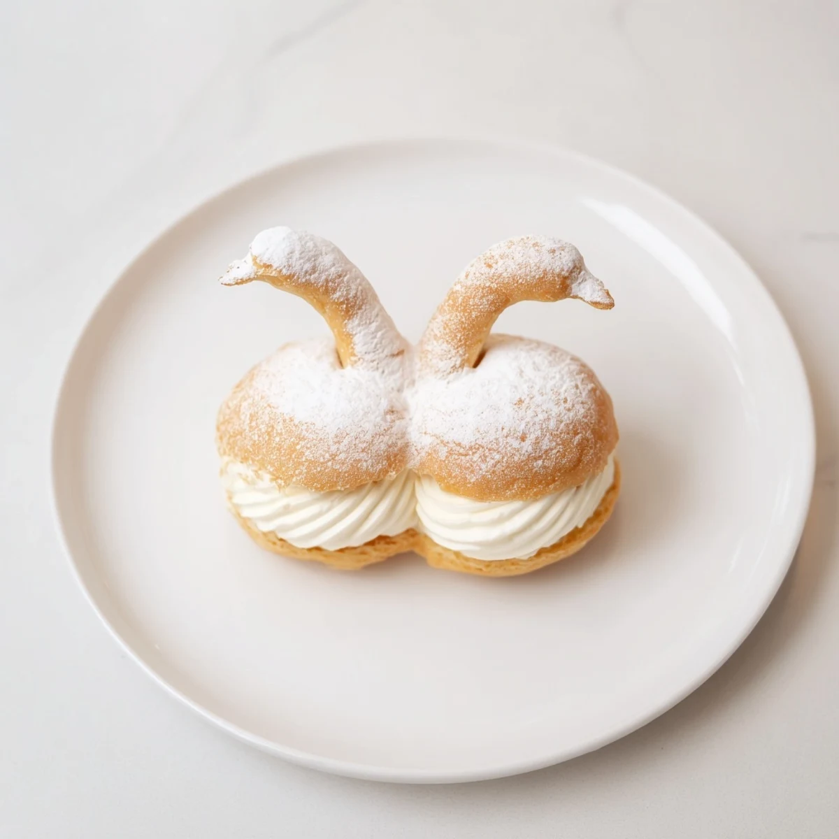 Elegant Swan Mini Pastries sit beautiful on a plate, dusted with sugar, a lovely treat to serve.