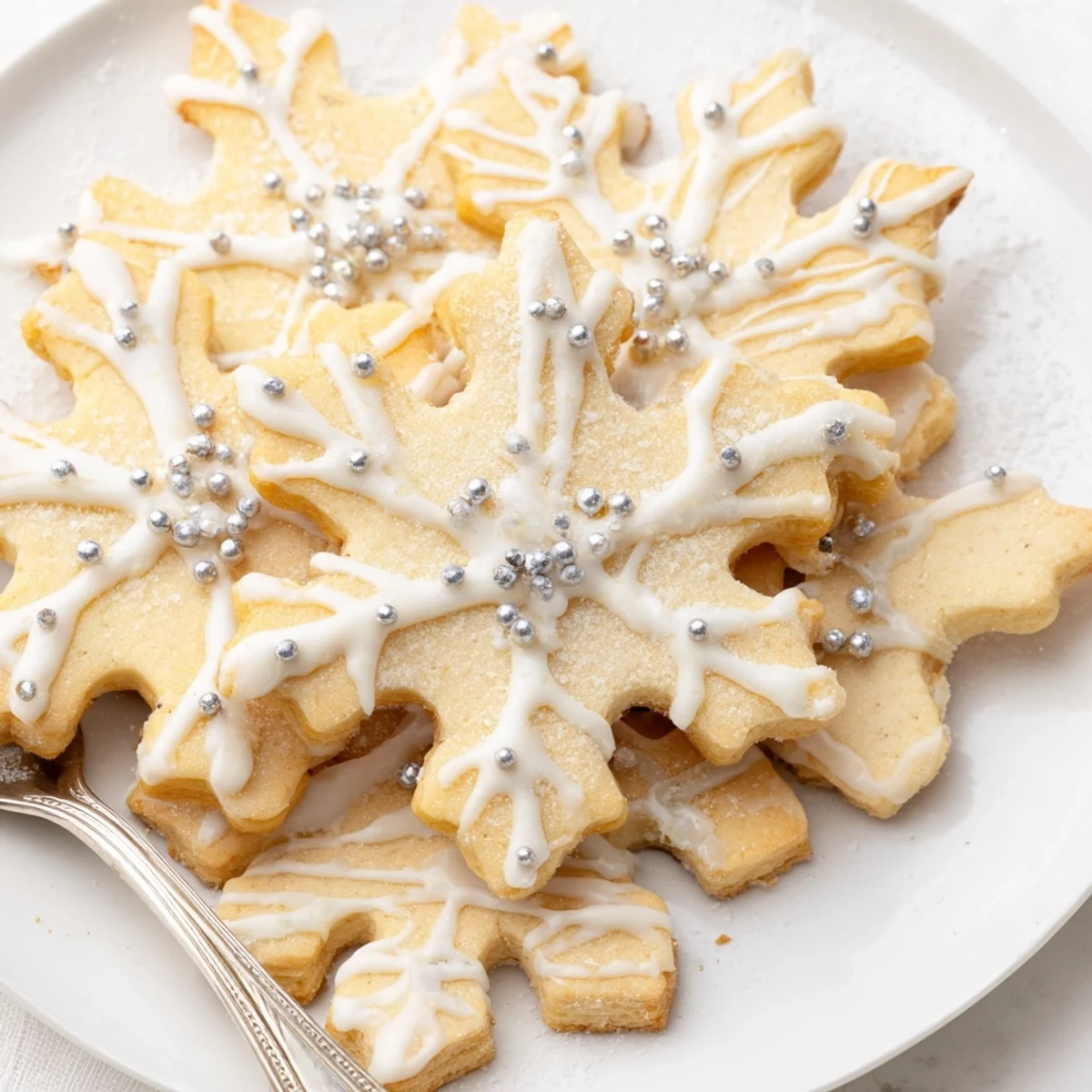 A beautiful Winter Snowflake Platter, featuring frosted cookies dusted with shimmering silver sprinkles.