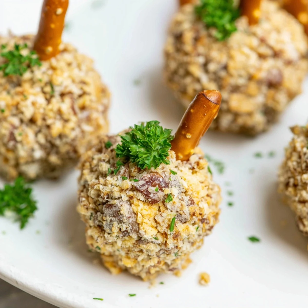 Savory acorn-shaped cheese ball bites, coated in pecans and herbs, offer festive autumn appetizers.