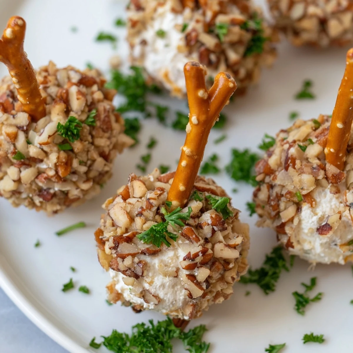 Close up shows delicious acorn-shaped cheese ball bites with pretzel stems, perfect party food.