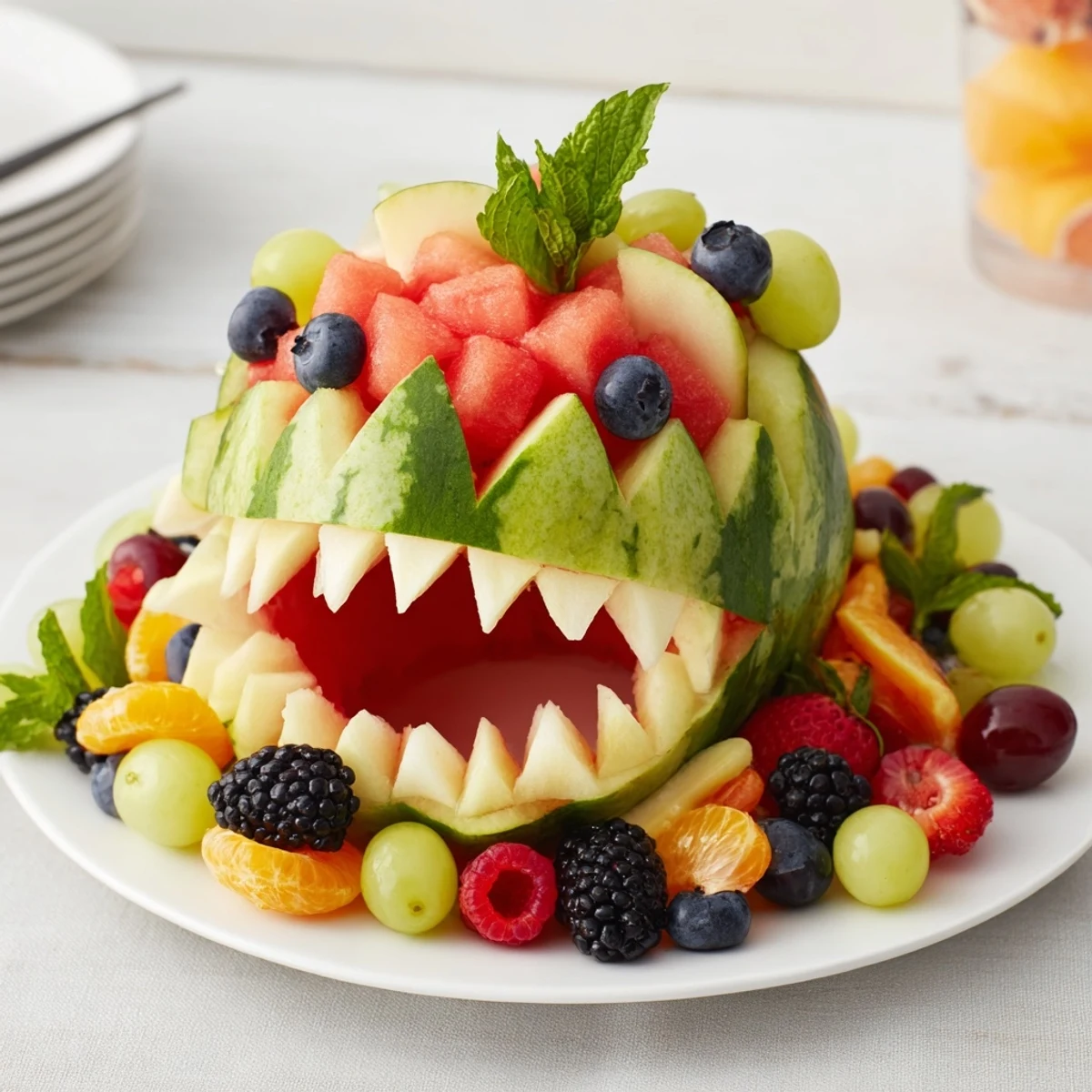 Juicy watermelon shark bite board filled with colorful fruits, a fun and delicious summer snack platter.