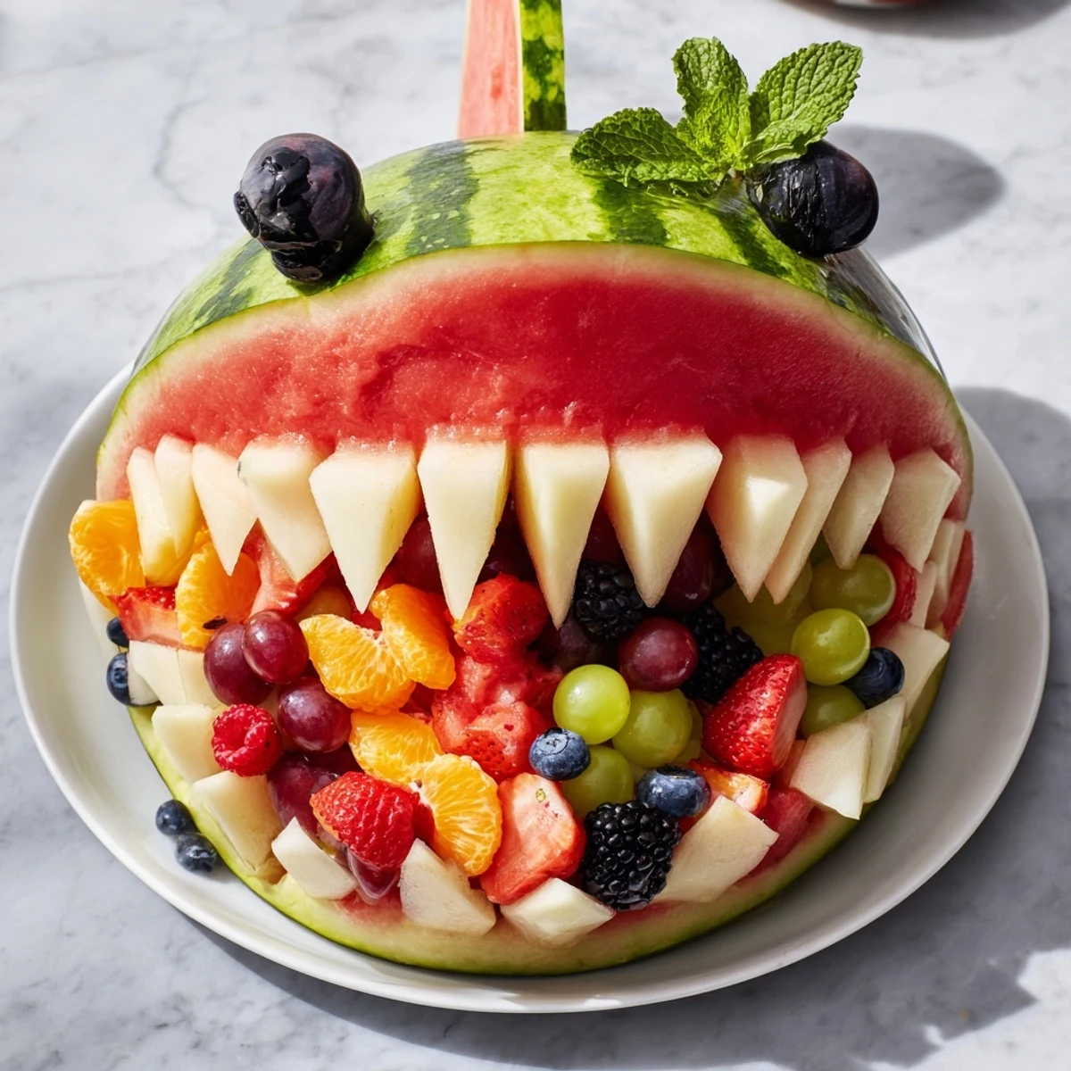 Cool and refreshing, a playful watermelon shark bite board scene with assorted vibrant fruits and mint.