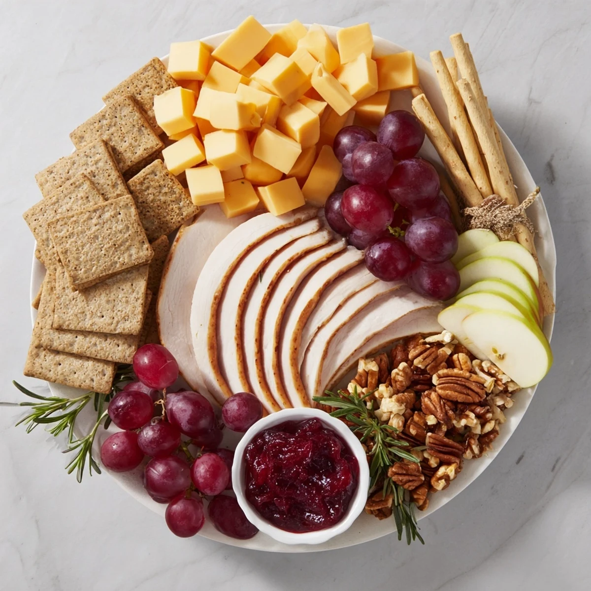 Turkey Cheese and Cracker Board bursting with colors: turkey, cheeses, crackers, and fruits, ready to serve.