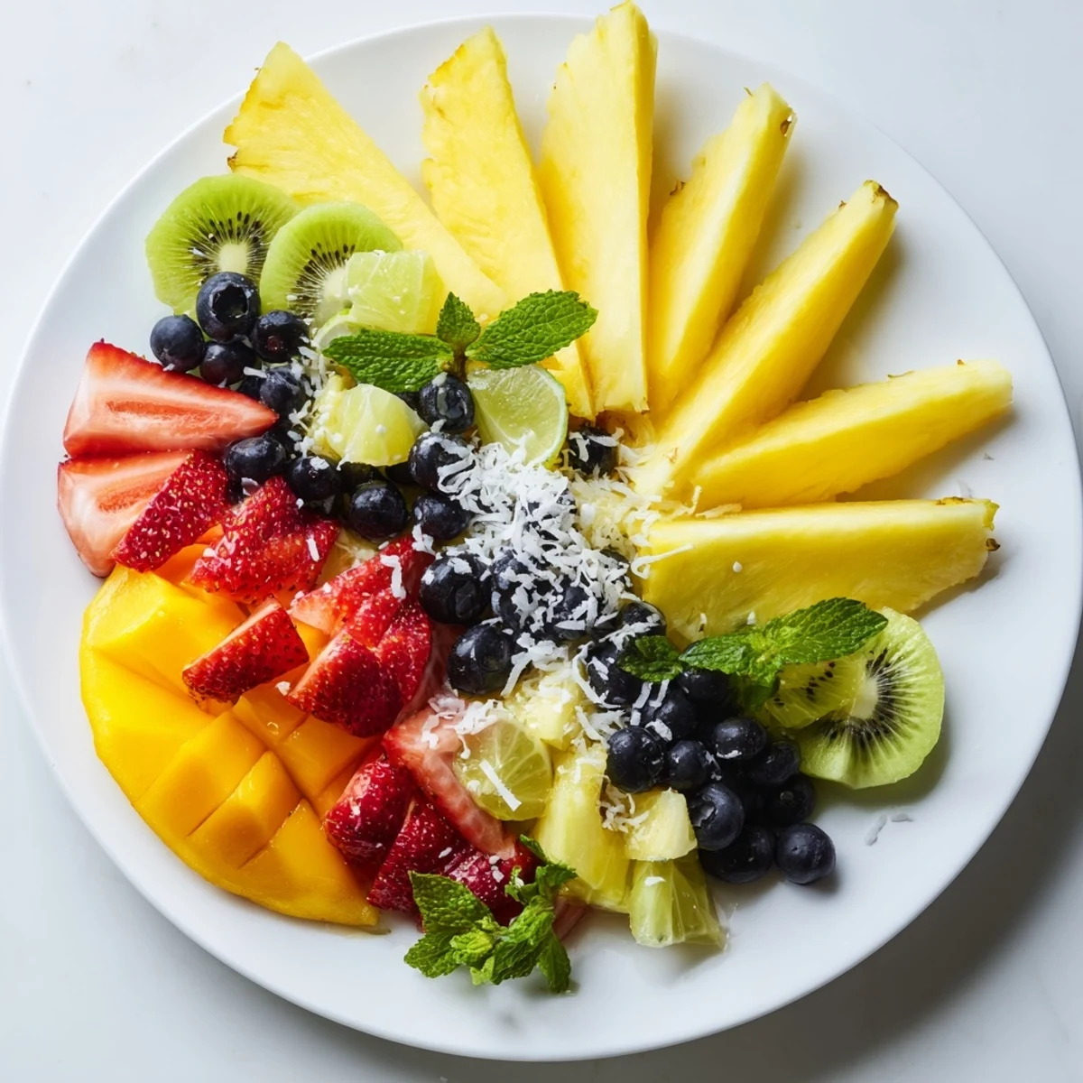 A beautifully arranged Tropical Pineapple Sun Fruit Platter, perfect for a refreshing vegan and gluten-free side.