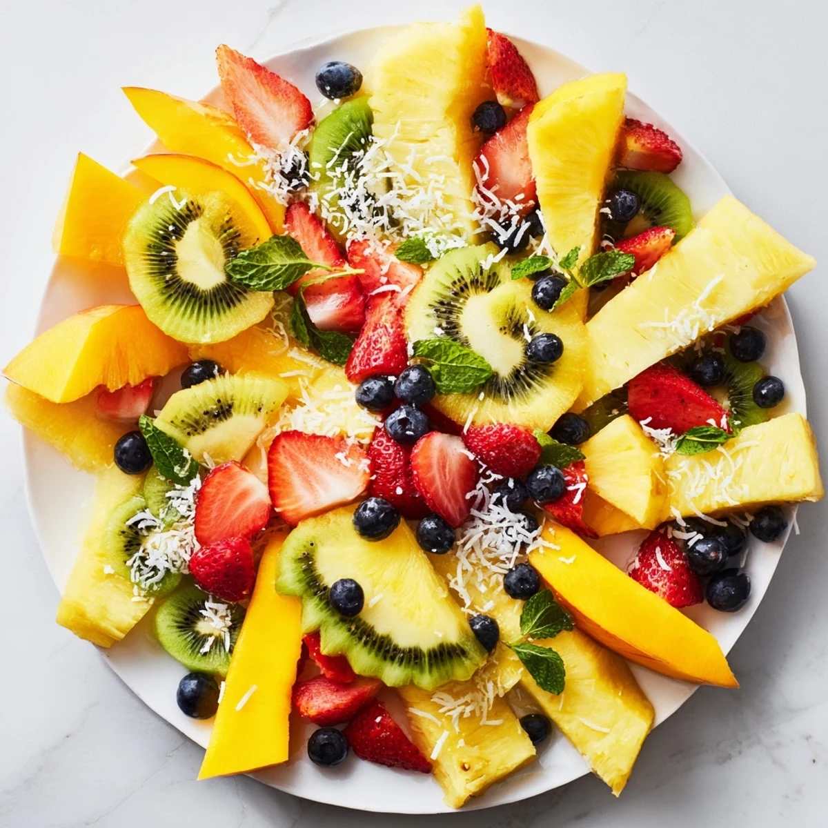 Enjoy this delicious Tropical Pineapple Sun Fruit Platter featuring a colorful arrangement of fresh fruit.