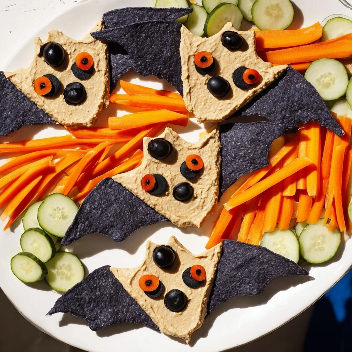 A spooky Halloween Spooky Bat Bean Dip Platter, perfect for dipping tortilla chips into the creamy black dip.