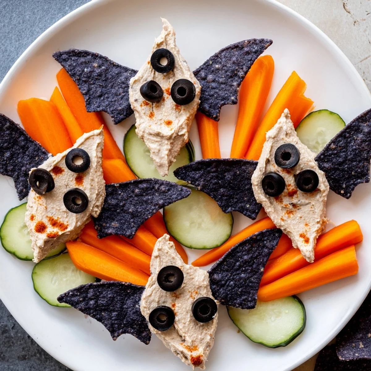 This fun Spooky Bat Bean Dip Platter features a delicious bean dip decorated with olives, ready to enjoy.