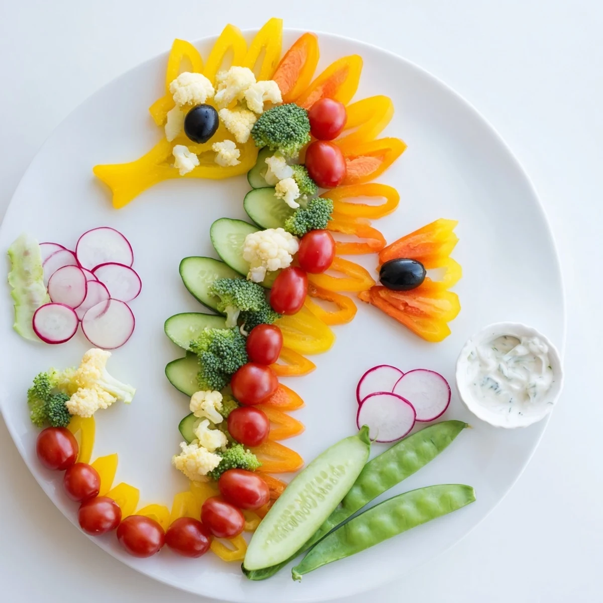 Vibrant Seahorse Veggie Dip Platter featuring fresh, colorful vegetables and creamy dip for easy snacking.