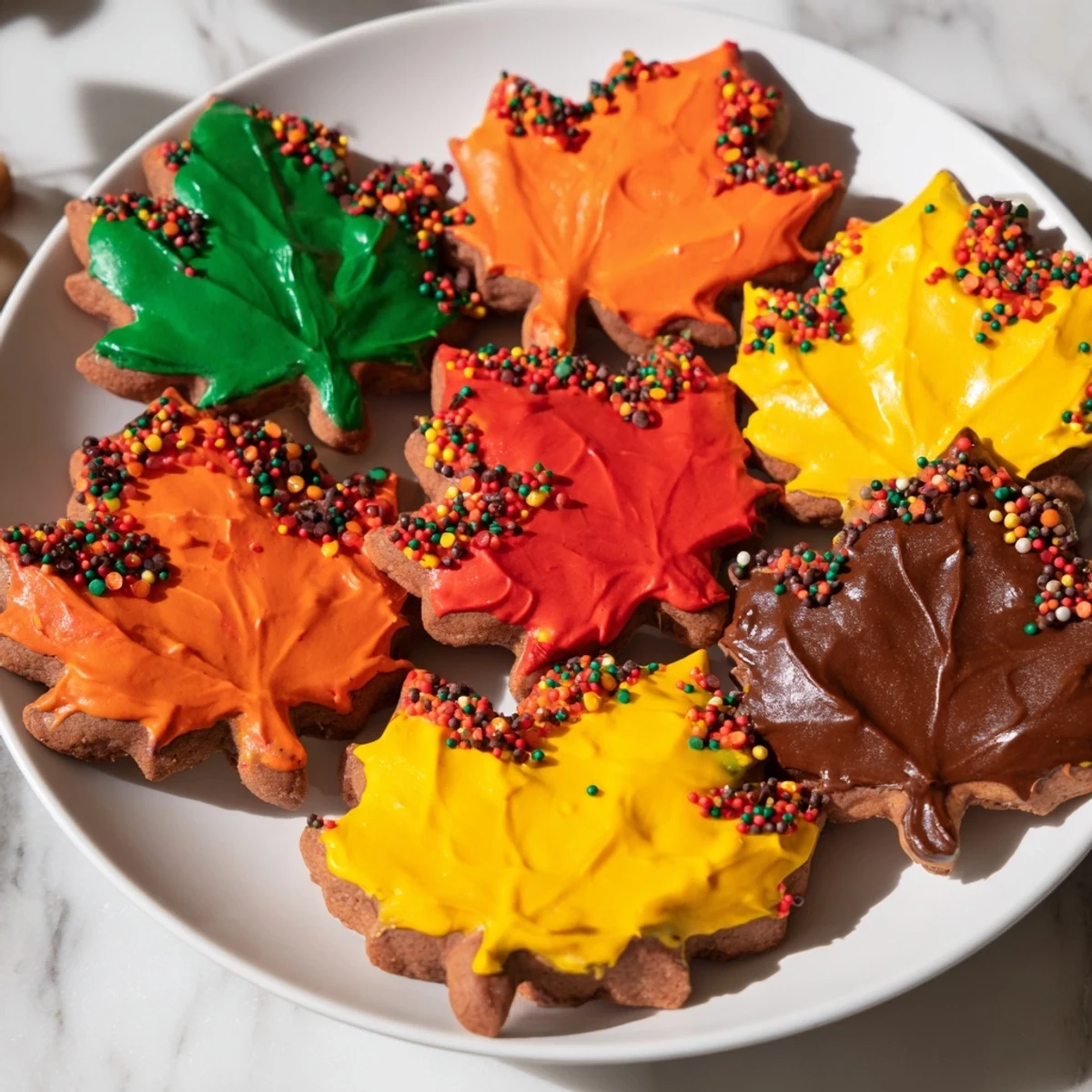 Decorative maple leaf cookies featuring vibrant icing and sprinkles, from a homemade cookie decorating kit.
