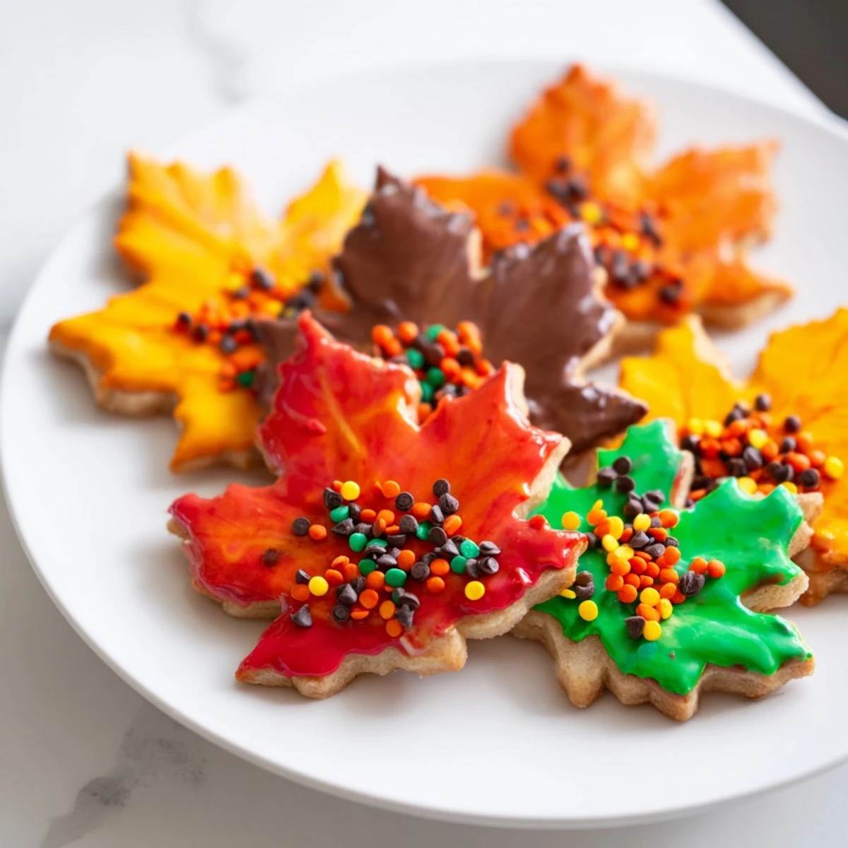 A close-up of a decorated maple leaf cookie, ready for enjoying, part of festive recipe.