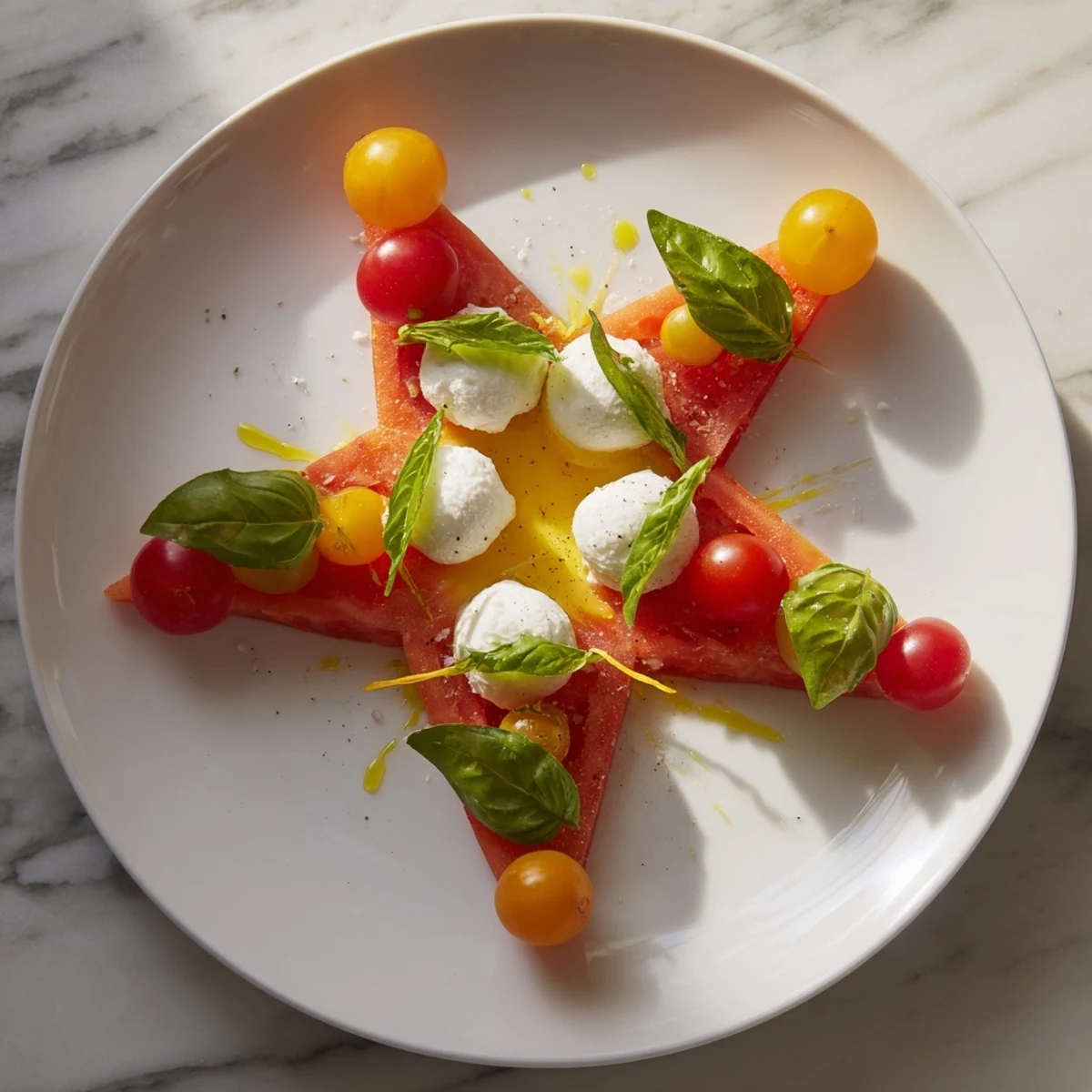 Vibrant starfish Caprese salad: Ripe tomatoes, mozzarella, and basil arranged artfully, ready to enjoy.