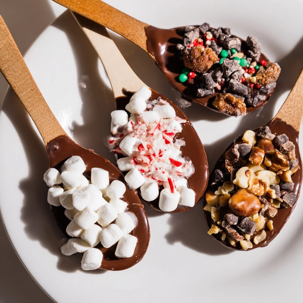 A festive Hot Chocolate Spoon Toppings Board, overflowing with colorful treats for a cozy dessert spread.