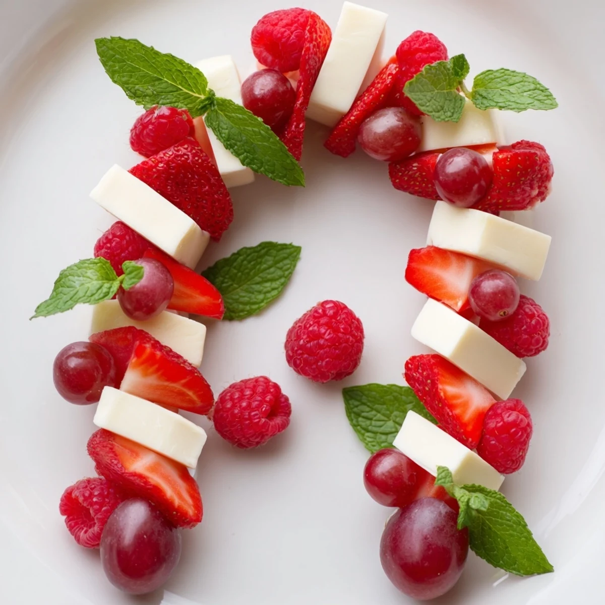 Fresh Candy Cane Stripe Fruit and Cheese appetizer, a colorful blend of sweet berries and cheeses.