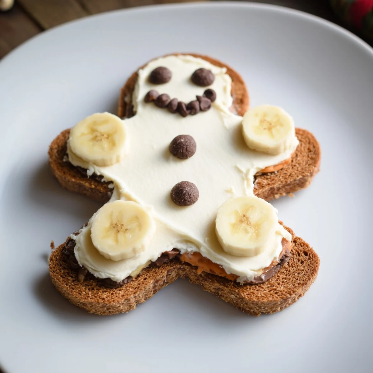 Adorable gingerbread man sandwich cutouts with raisin eyes and apple smiles, ready to eat.