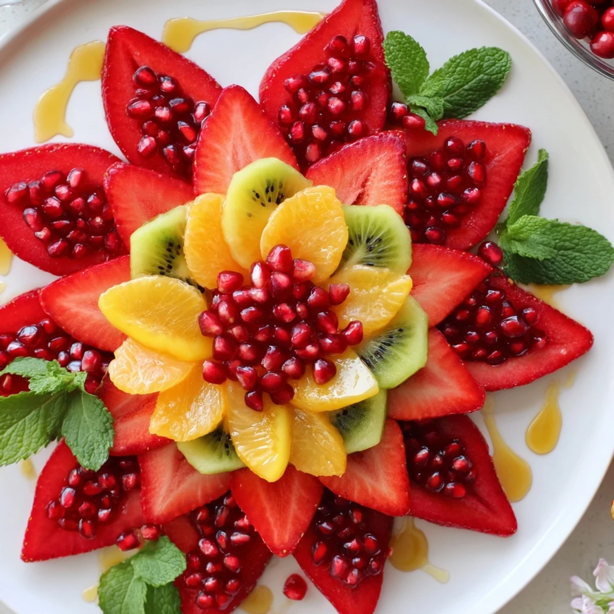 Brightly colored berries and fruits create an inviting Festive Poinsettia Fruit Bowl, drizzled with sweet dressing.