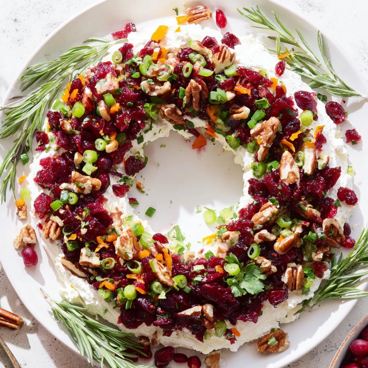 Cranberry Feta Dip Wreath: Creamy feta cheese base topped with vibrant cranberry mixture, ready to serve.