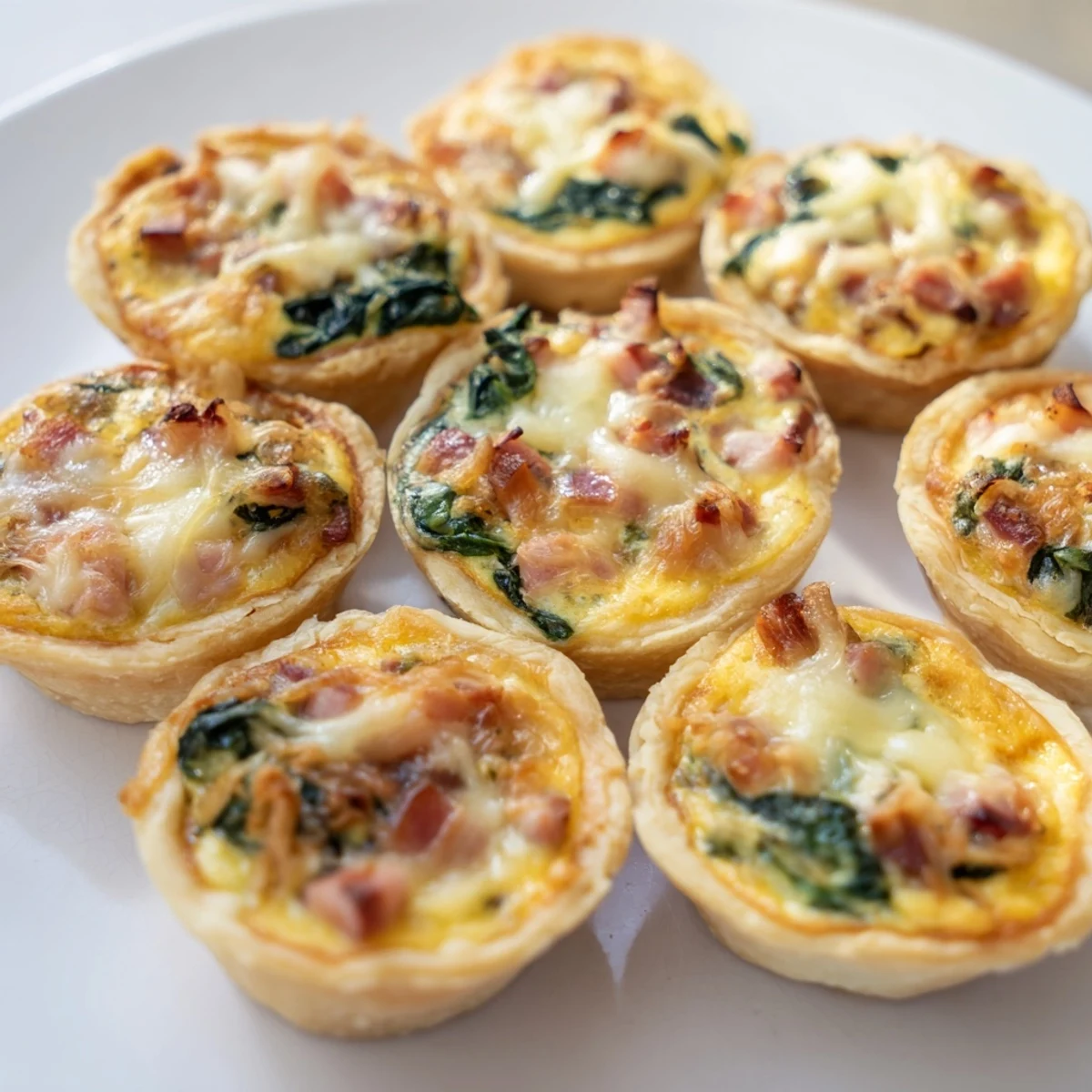 Golden, crusty Mini Quiche Holiday Village Board, offering an array of savory, tiny quiches ready to eat.