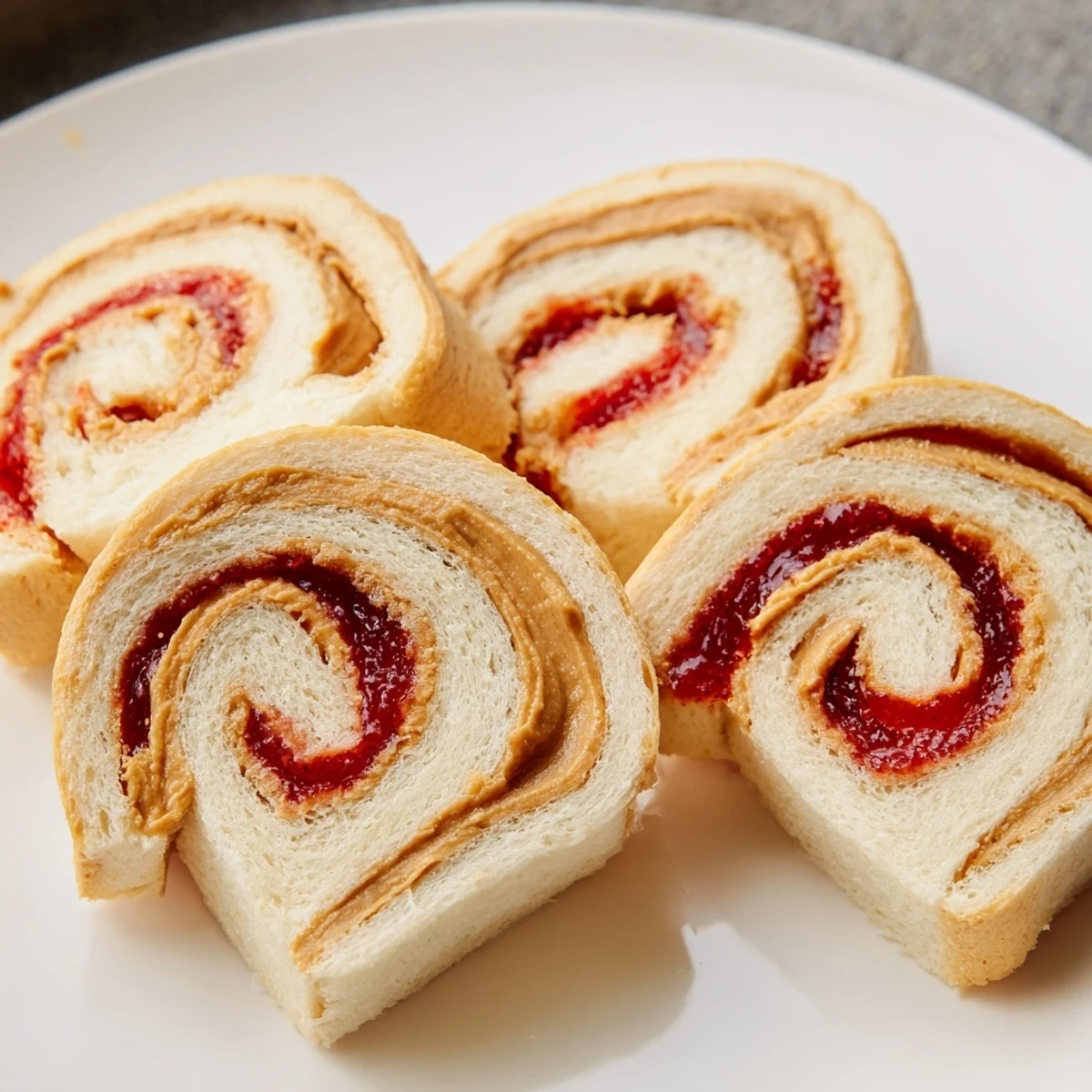 Quartered PB&J pinwheel rolls, showing delightful swirls, perfect for a child's lunch with classic peanut butter and jelly.