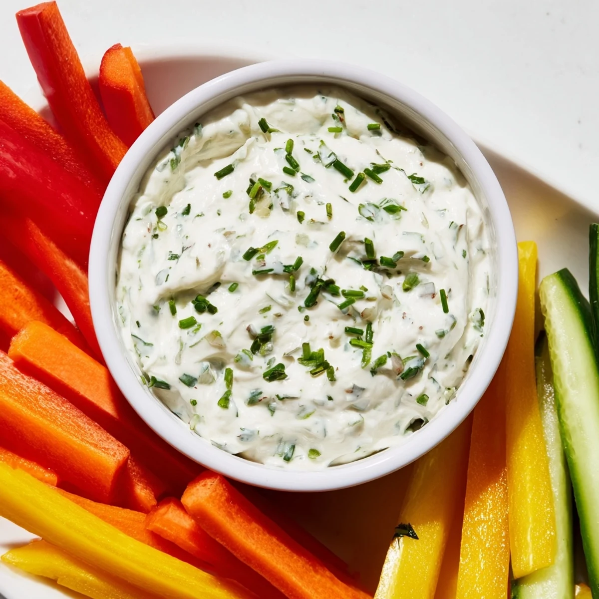 Creamy Kids Dip: Cream cheese ranch dip surrounded by vibrant, crunchy veggie sticks, a perfect snack.