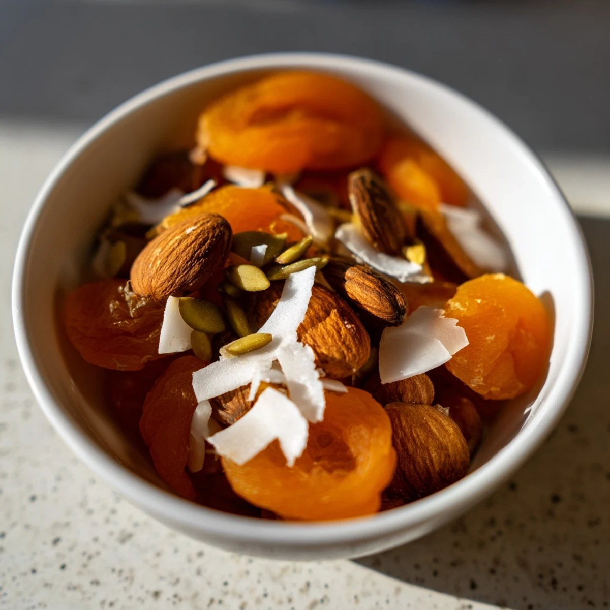 Close-up of ready Almonds and Dried Apricots: tempting snack with dried apricots and almonds.