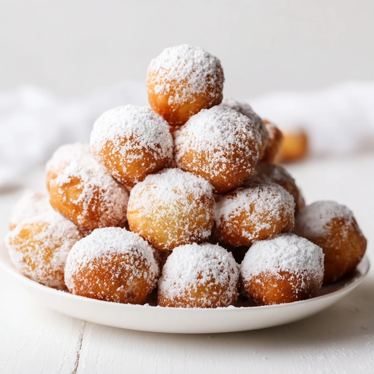 Fluffy, golden brown Powdered Donut Holes stacked high, ready to be dipped into a warm chocolate sauce.