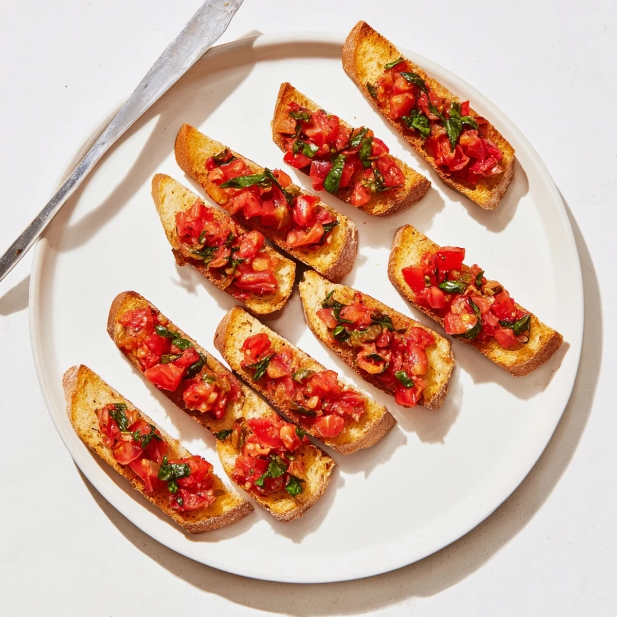 Golden toasted bruschetta toasts topped with fresh, vibrant tomato basil mixture, ready to eat.
