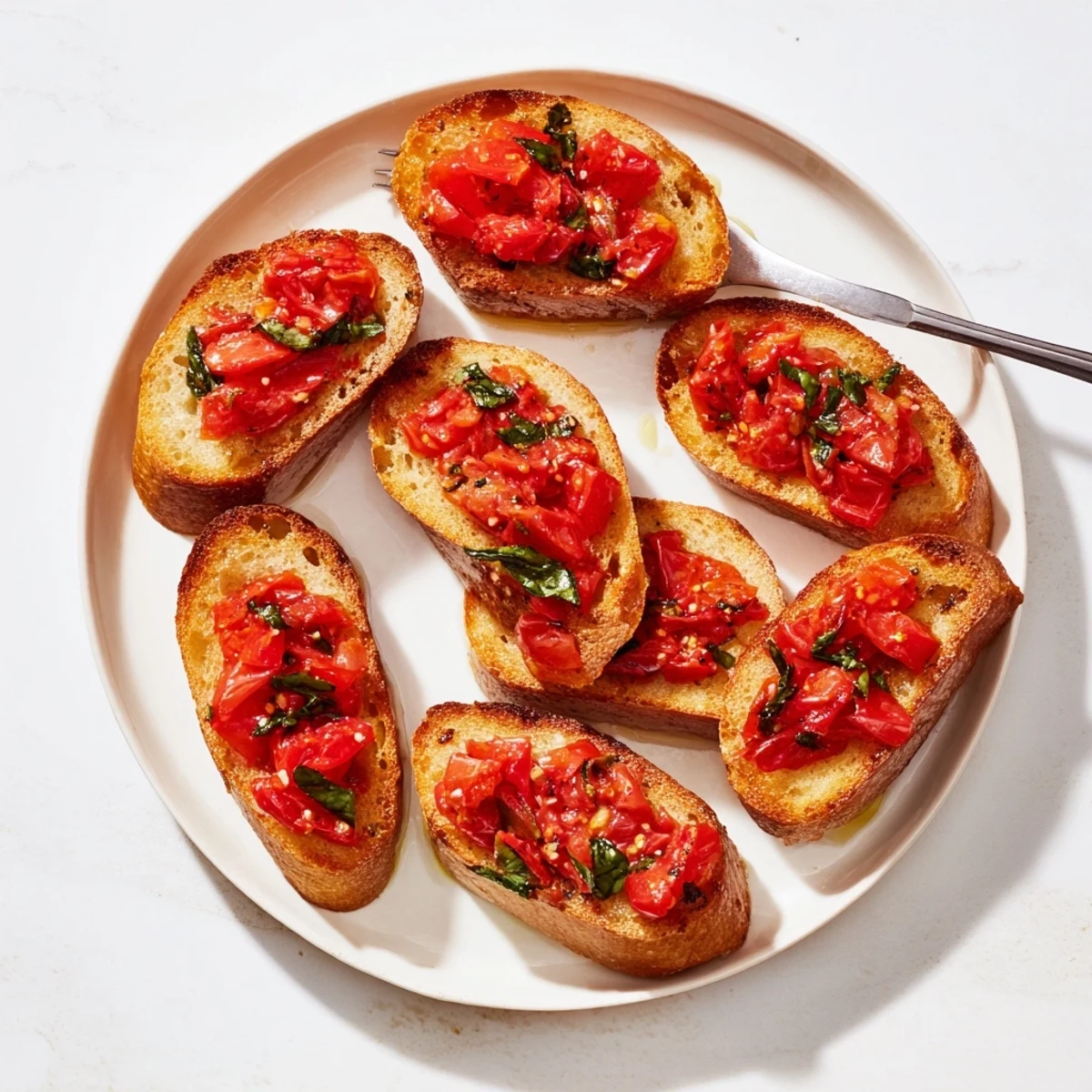 Close-up of crispy, oiled bruschetta toasts showcasing diced tomatoes and basil, perfect as an appetizer.