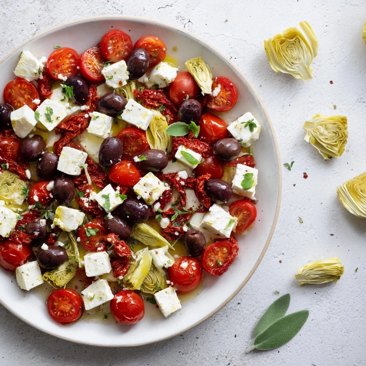 Mediterranean black olive and sun-dried tomato platter with crumbled feta; savory and satisfying.