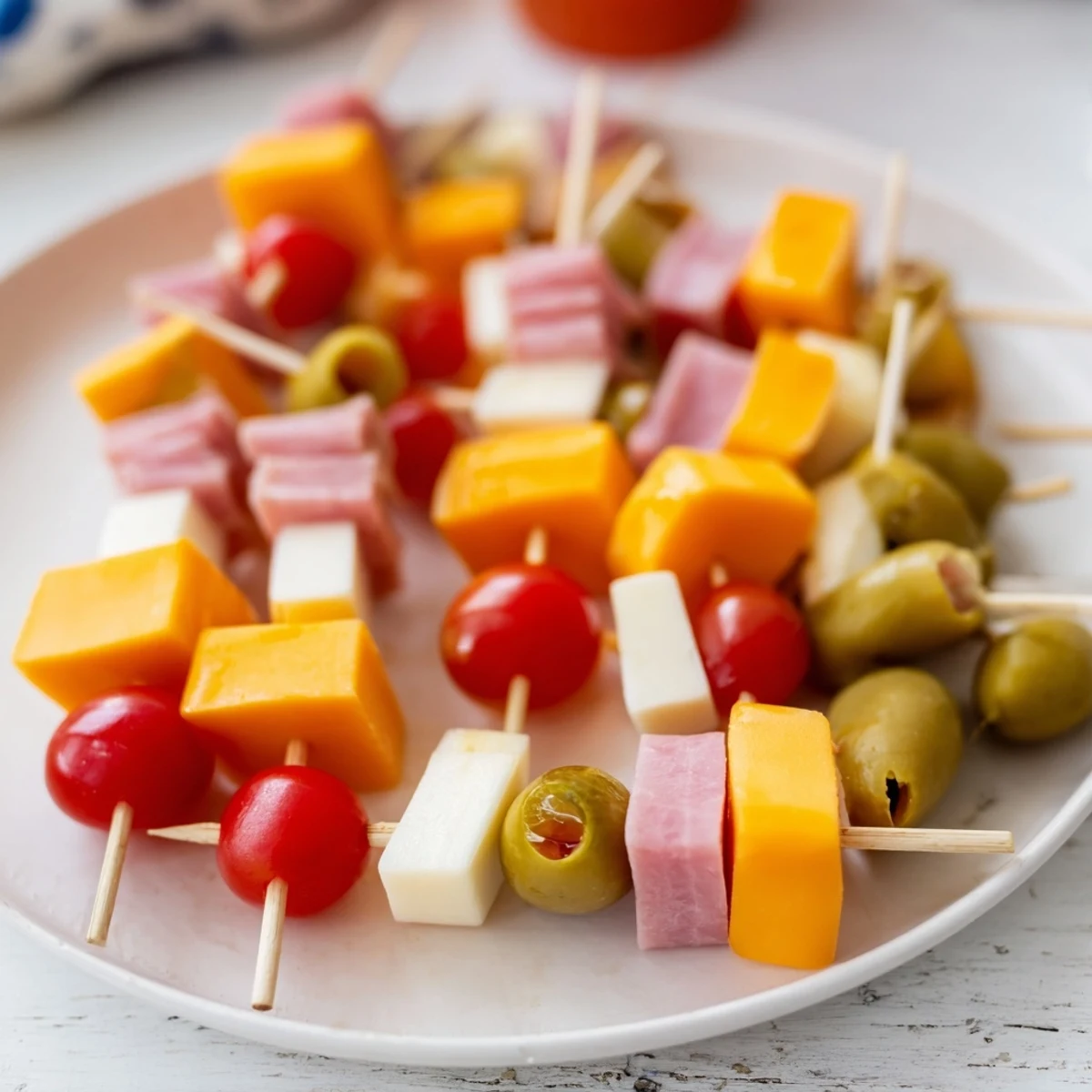 Savory Skewers: Meat, Cheese, and Pickle Cube Skewers, a delicious appetizer ready to eat fresh.