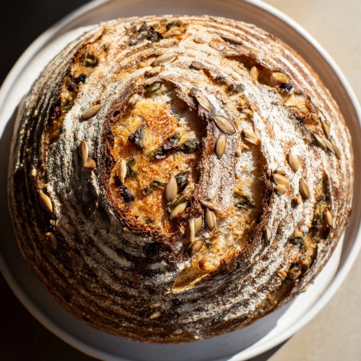 Golden-crusted Fibonacci Spiral Growth Bread, swirled with cheese and olives, ready to slice and enjoy.