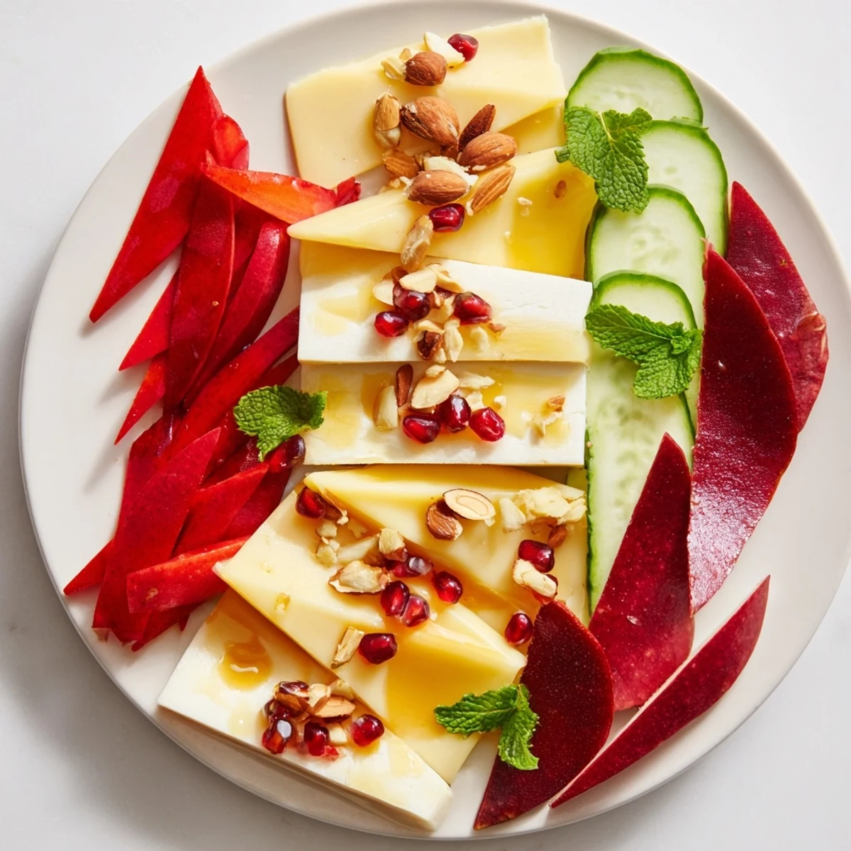 Close-up of The Tessellation Triangle appetizer, showcasing perfectly arranged colorful cheese and veggie triangles.