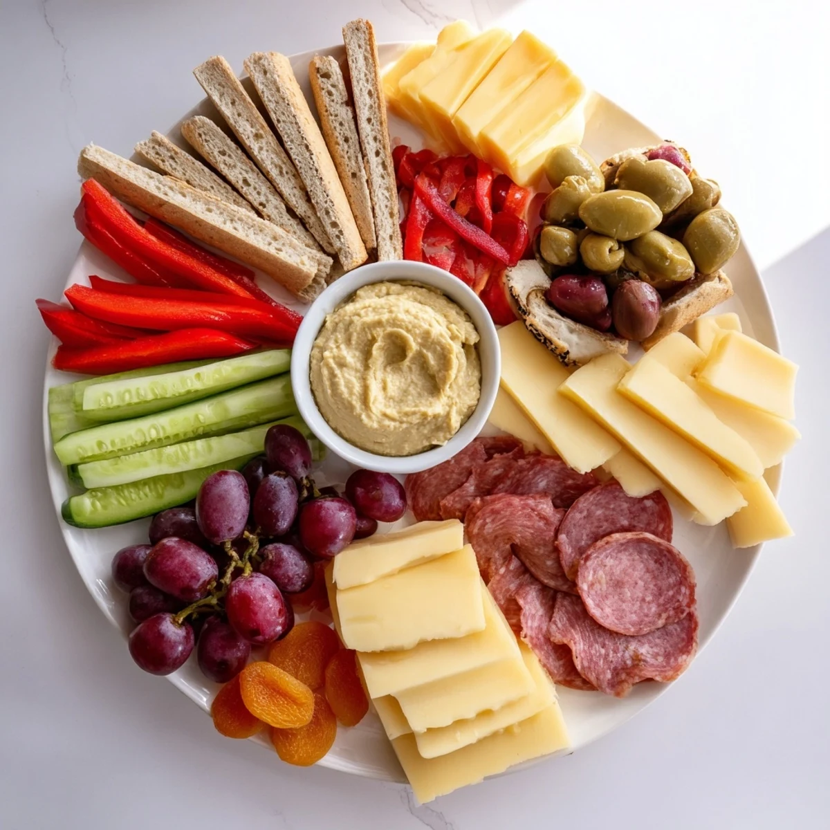Vibrant and alluring Arrowhead Charcuterie Board, featuring fresh fruits, cheeses and pointing towards the dips.