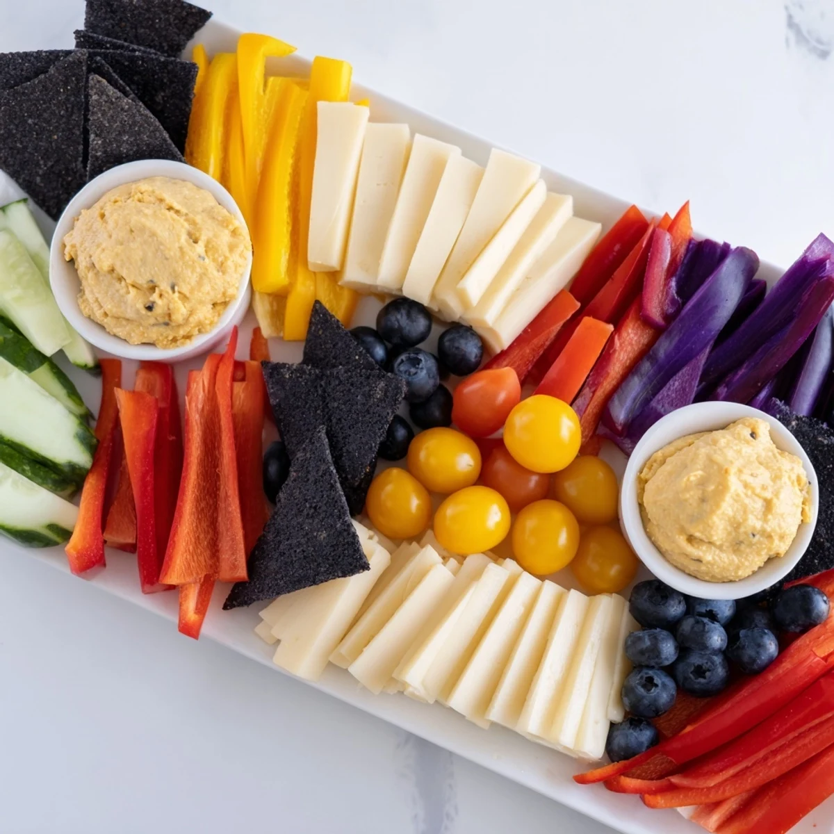 Zig-Zag Lightning Strike appetizer board with colorful veggies, cheeses, and dips arranged for sharing.