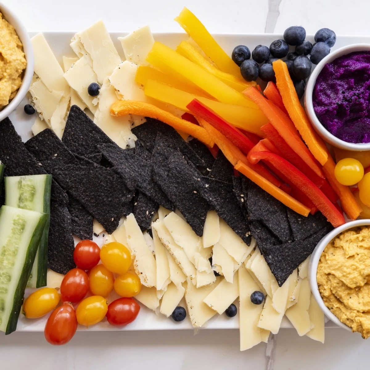 Appetizing Zig-Zag Lightning Strike appetizer: bold geometric arrangement of fresh veggies and dips ready to serve.