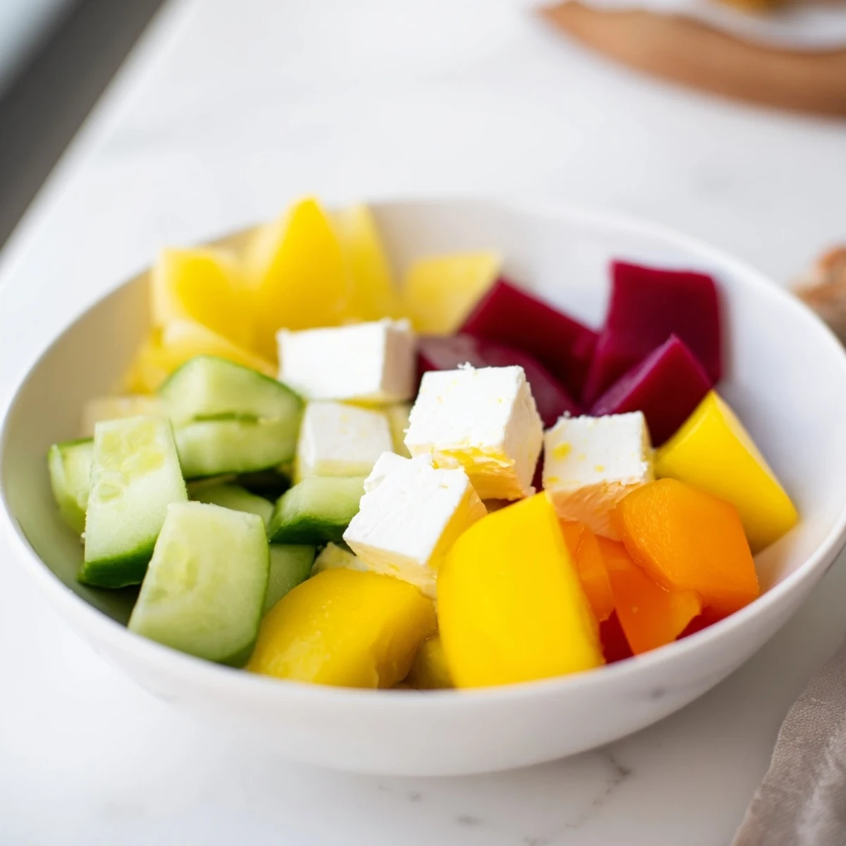 Cube Geometry Study salad arranged in a vibrant grid pattern with colorful cubed ingredients, ready to eat.
